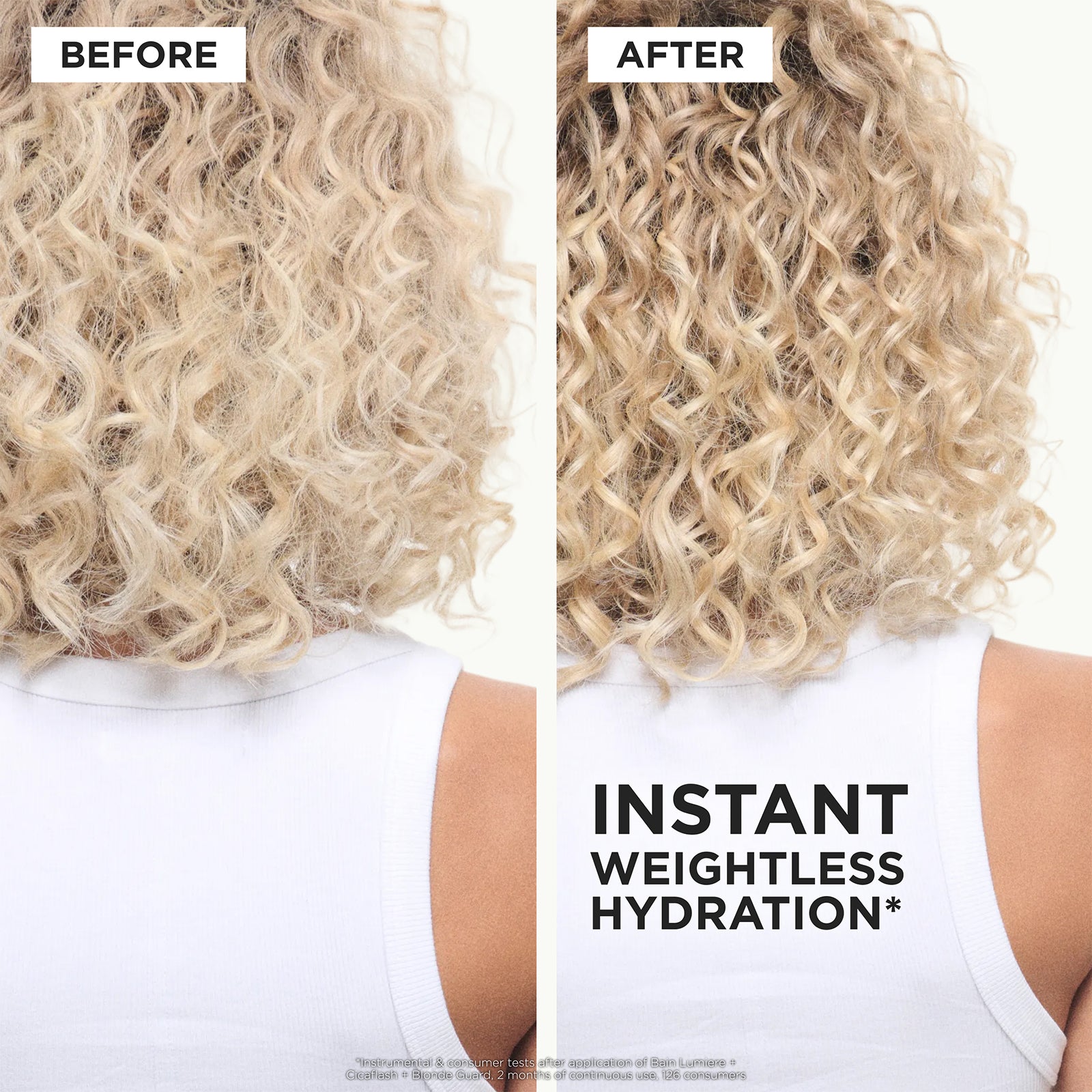 Image of Before and after comparison of hair with 'Instant Weightless Hydration' text.