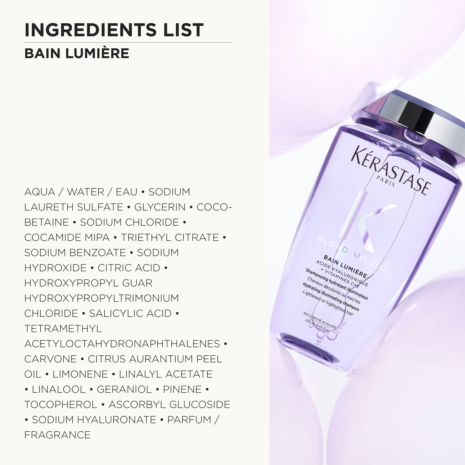 Image of Kérastase Bain Lumière ingredients list panel on the left with French text and a bottle of the purple-toned bath product on the right, set against a soft white and lavender background.