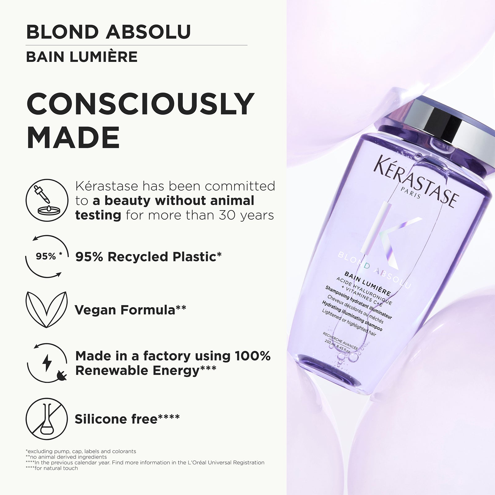 Image of Kérastase Blond Absolu Bain Lumière hair oil bottle on a light lavender background, with a large text panel on the left highlighting conscious made ingredients and benefits.