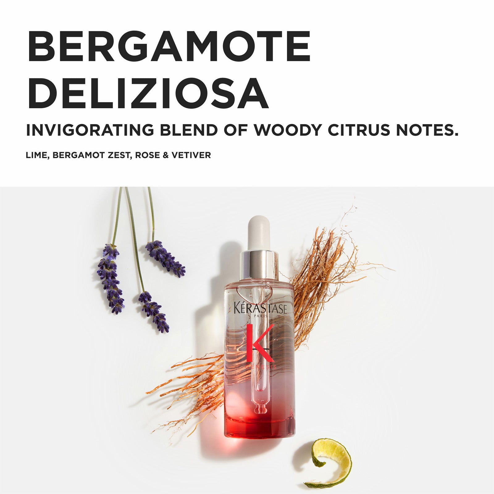 Image of Kérastase Genesis Line, Graphic explaining the scent: Lime, Bergamot Zest, Rose and Vetiver. Showing a bottle of Kérastase Genesis Serum, a sprig of Bergamont, Zest and Vetiver. 