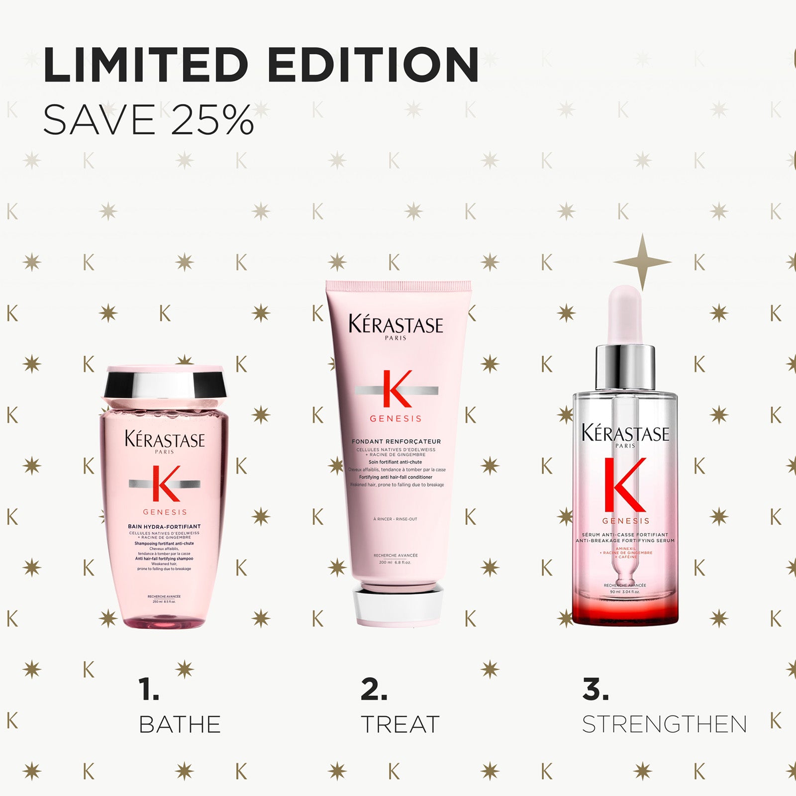 Image of Promotional graphic for Kérastase limited-edition haircare products, showing three pink Kérastase bottles and tubes with text reading 'LIMITED EDITION SAVE 25%' and labels 1. BATHE, 2. TREAT, 3. STRENGTHEN