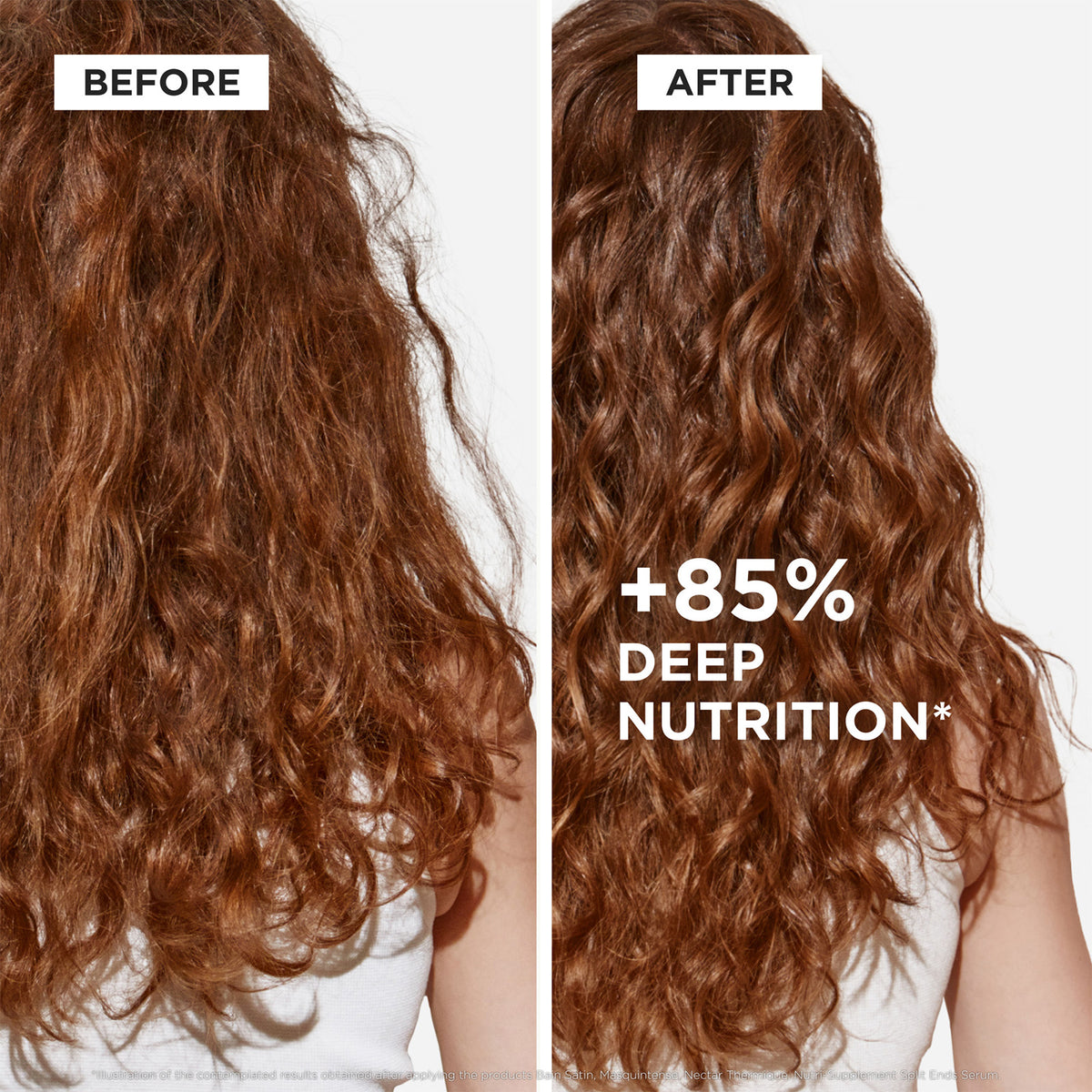 Before and after comparison of a person's long, wavy brown hair, showing frizzy texture on the left and smoother, deeper curls on the right, with text reading '+85% DEEP NUTRITION*' and 'BEFORE' / 'AFTER' labels.