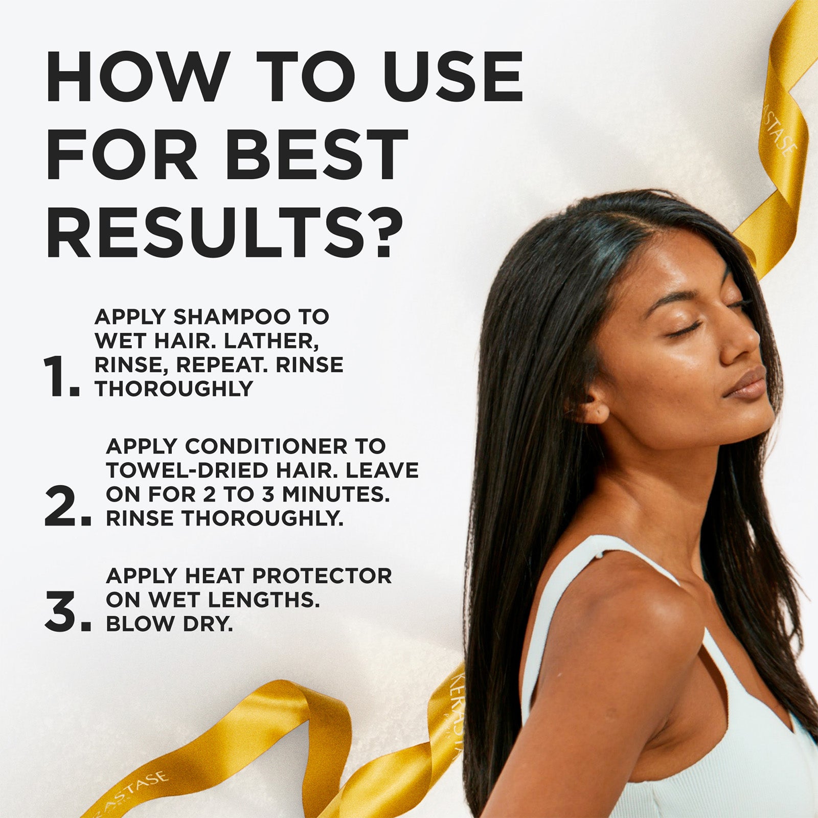 Image of Instructional graphic with the text 'HOW TO USE FOR BEST RESULTS?' and three numbered steps for shampooing, conditioning, and blow-drying. A woman with long dark hair appears on the right side, and gold ribbons decorate the corners on a white background.