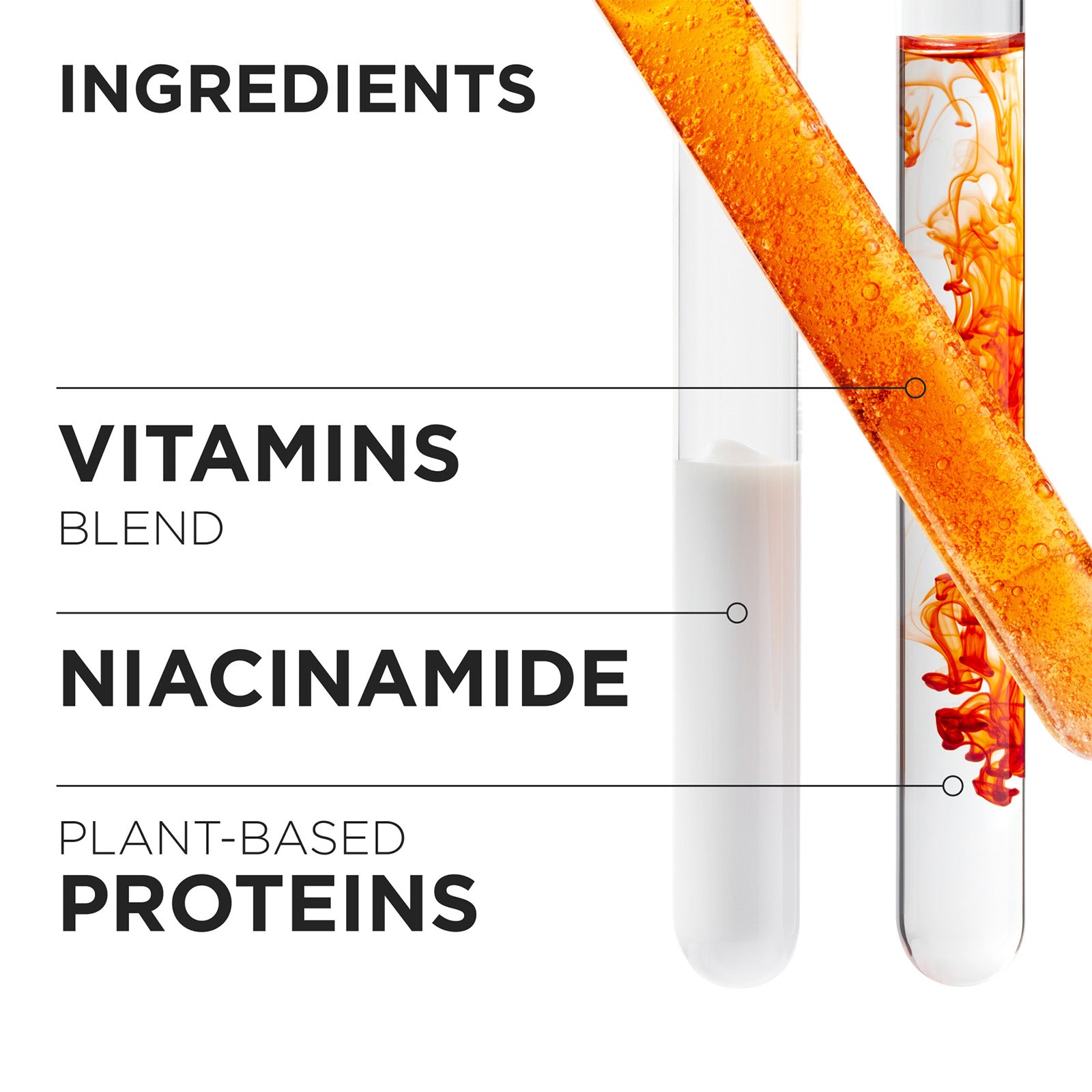 Image of A graphic showing the ingredients included in the Kérastase Nutritive Line with text reading 'INGREDIENTS', 'VITAMINS BLEND', 'NIACINAMIDE', and 'PLANT-BASED PROTEINS', alongside two test tubes showing white cream and orange-red dissolved contents on a white background.