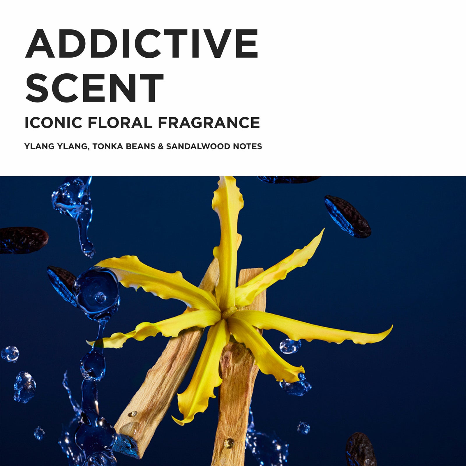 Image of Promotional graphic for Nutritive 'Addictive Scent' fragrance, featuring a white header with black text and a dark blue lower section showing a yellow flower, sandalwood sticks, and blue water droplets.