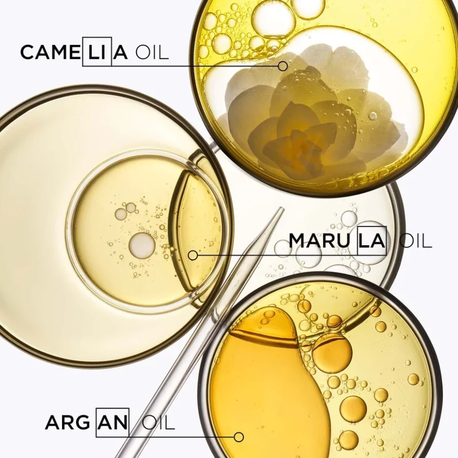 Three cosmetic ingredients displayed in petri dishes: Argan Oil, Marula Oil and Camlia Oil