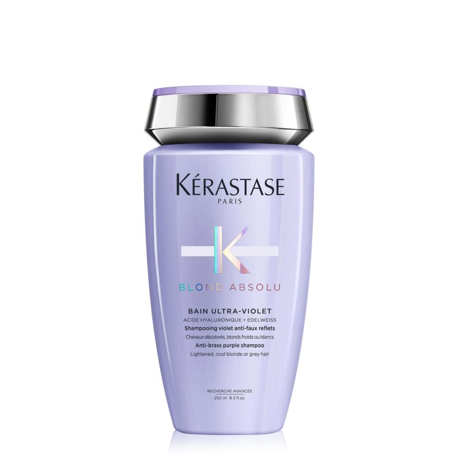 A bottle of kérastase blond absolu purple shampoo for blonde hair.