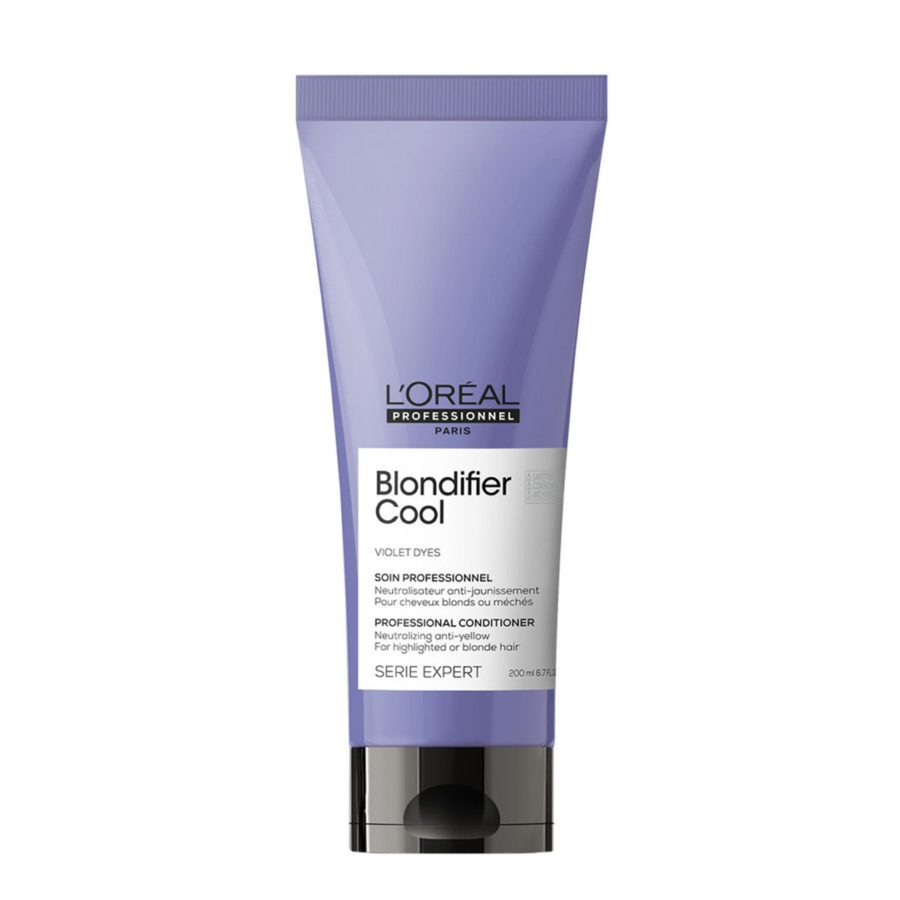 Tube of l'oréal professionnel blondifier cool conditioner with violet tones for blonde hair.