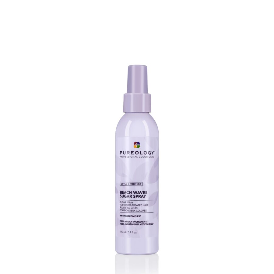 Bottle of pureology beach waves sugar spray on a white background.