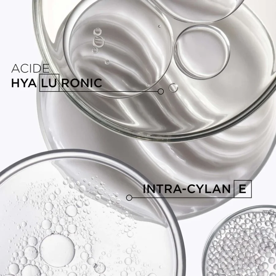 Three cosmetic ingredients displayed in petri dishes: hyaluronic acid and intra-cylane