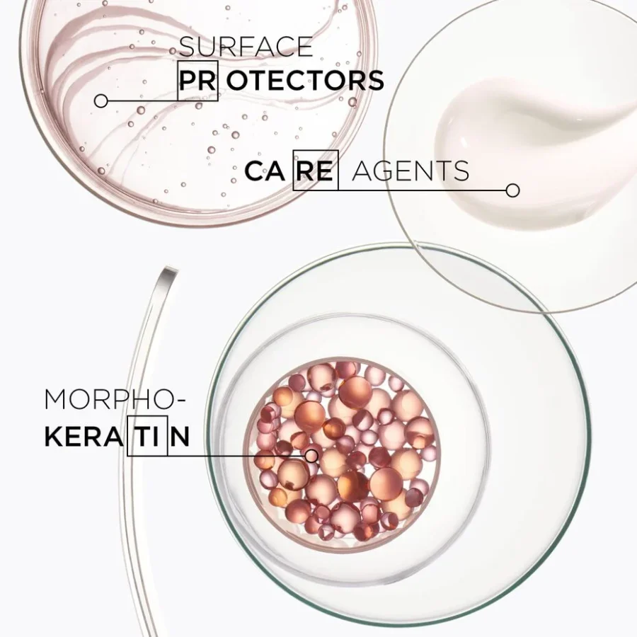 Three cosmetic ingredients displayed in petri dishes: Morpho-Keratin, Care Agents, Surface protectors