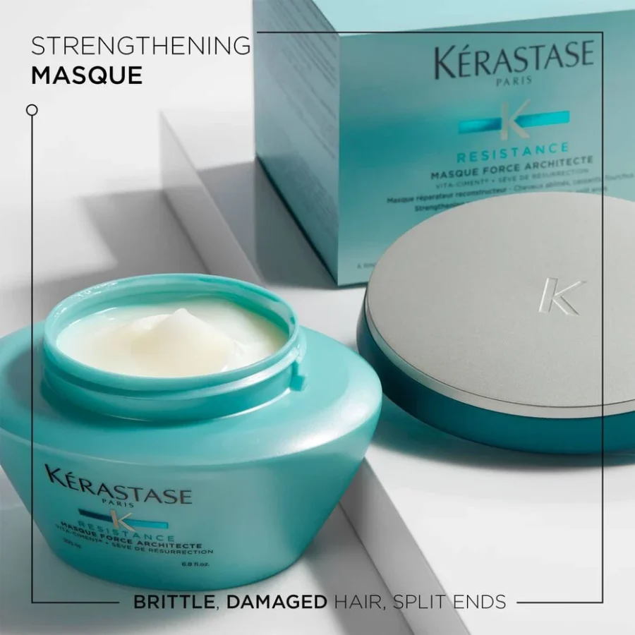 A container of kérastase hair strengthing masque for brittle damaged hair.