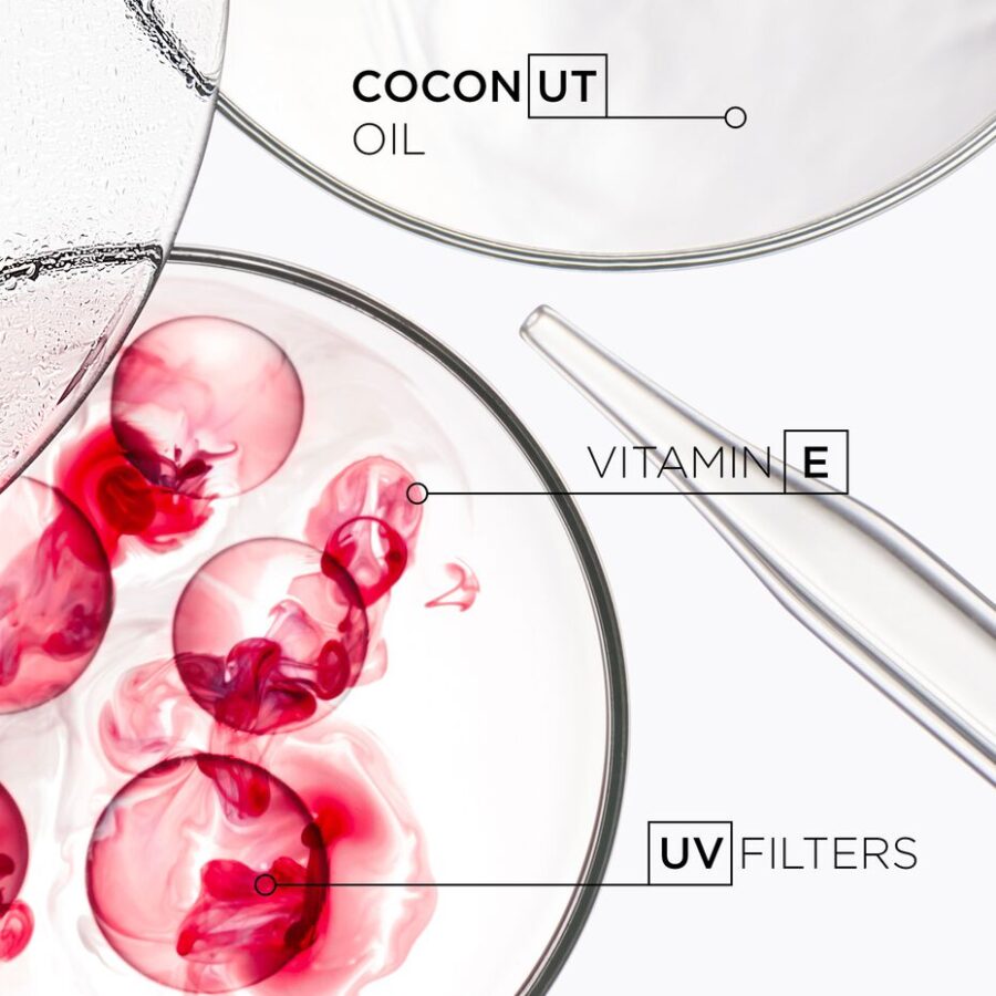 Three cosmetic ingredients displayed in petri dishes: Coconut Oil, Vitamin E, UV Filters