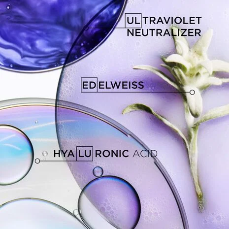 Laboratory glassware containing liquids and a plant, highlighting ingredients such as an ultraviolet neutralizer, edelweiss flower and hyaluronic acid.