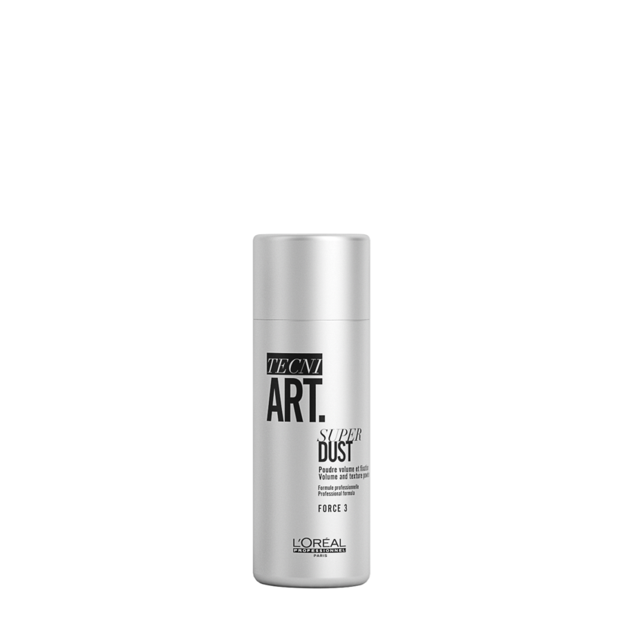 A container of l'oréal tecni art super dust hair styling powder.