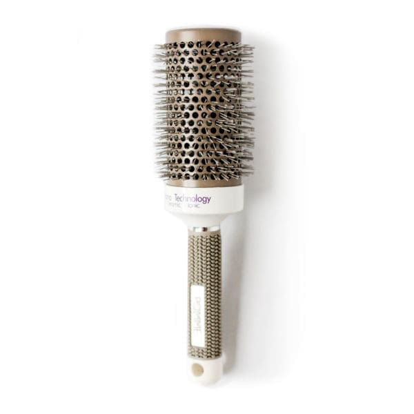 Pommeshell Round hairbrush with a white handle on a white background.