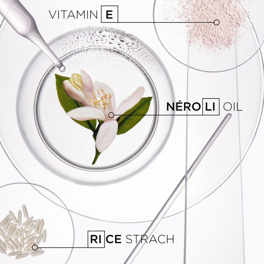 Three cosmetic ingredients displayed in petri dishes: Vitamin E, Néroli Oil and Rice Starch.