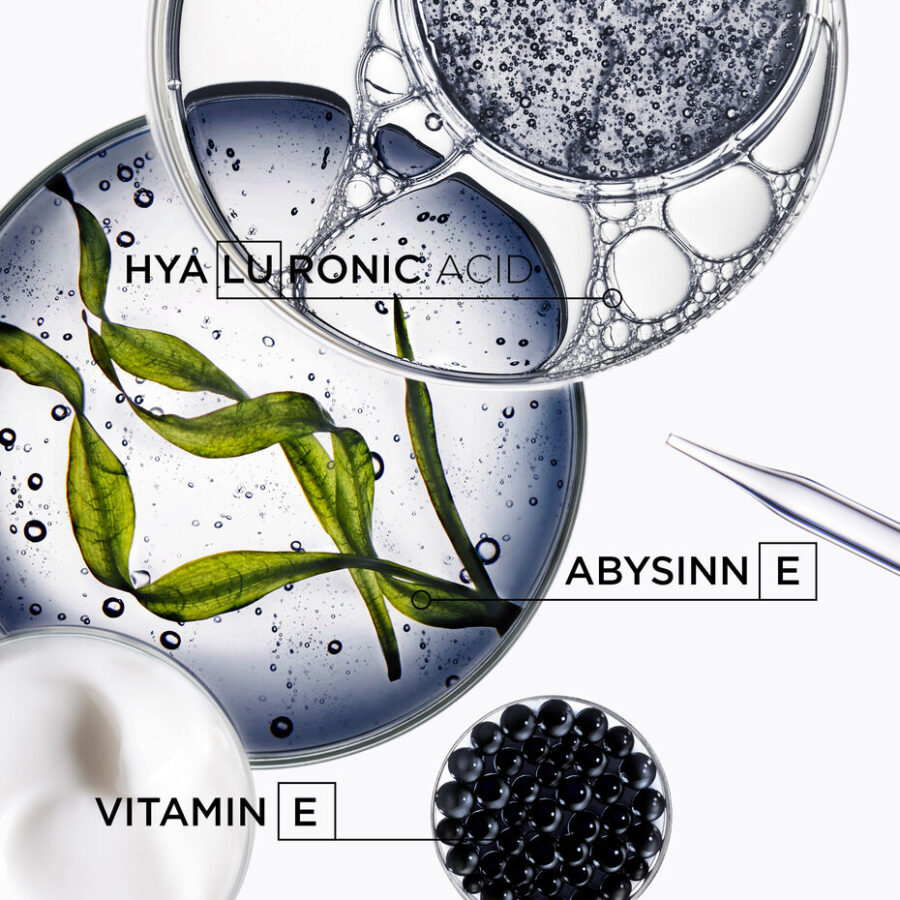 Three cosmetic ingredients displayed in petri dishes: hyluronic acid, abysinn e and vitamin e
