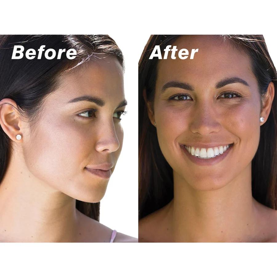 an image of before and after use of the coola sunless tanning serum on a model.