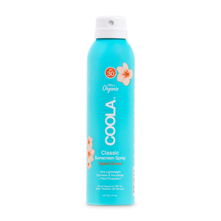 A can of coola classic sunscreen spray with spf 30, tropical coconut scent.