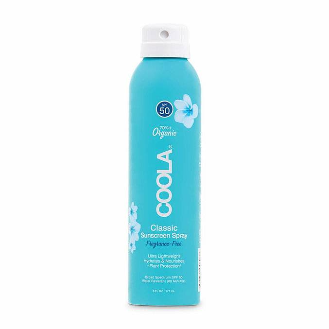 A bottle of coola classic sunscreen spray spf 50 with organic ingredients.