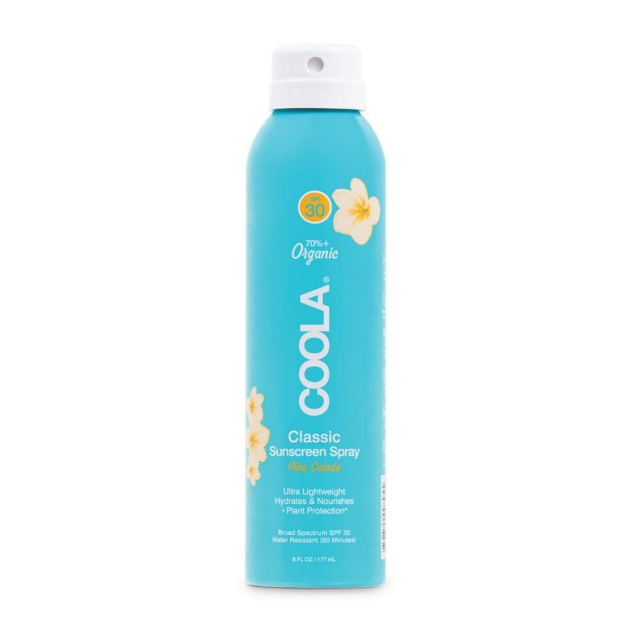 A can of coola sunscreen spray with spf 30, advertised as 70% organic, lightweight, hydrating, and nourishing.