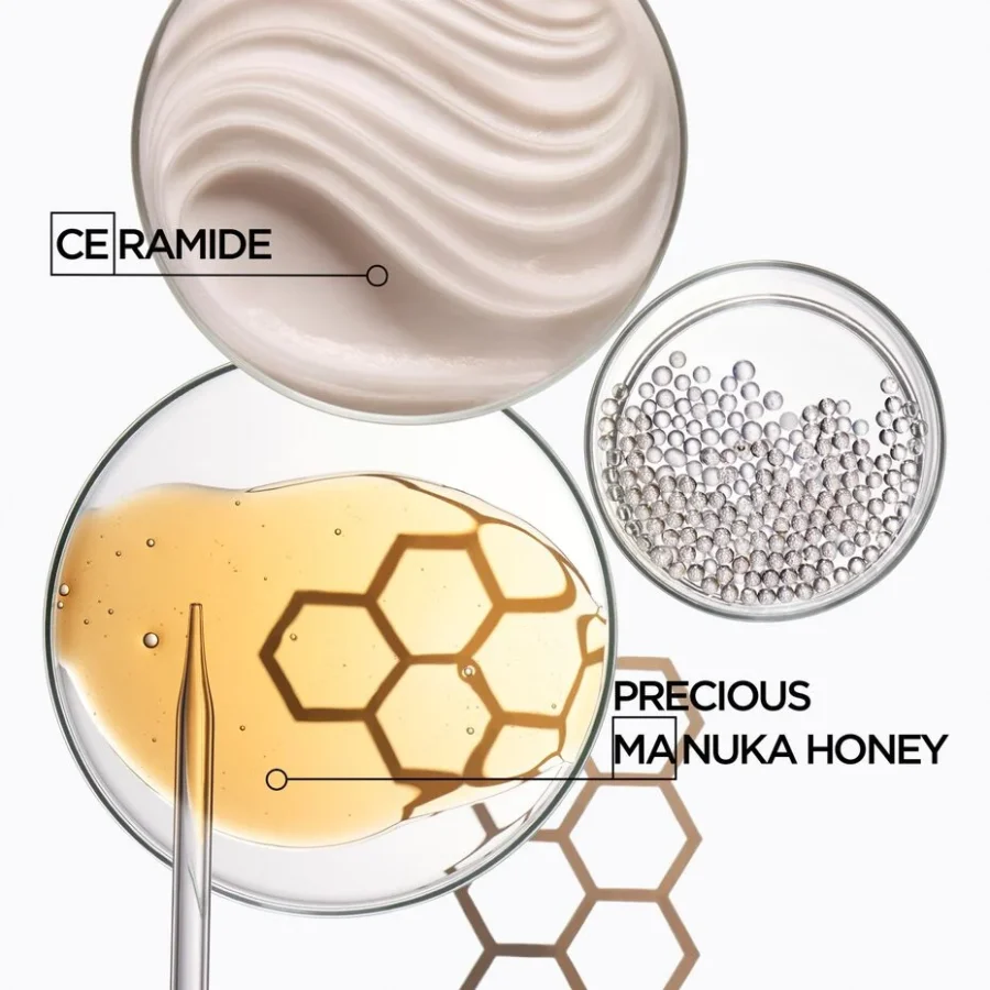 Three cosmetic ingredients displayed in petri dishes: ceramide and manukia honey