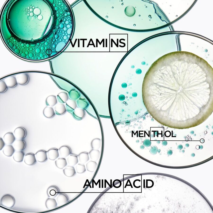 Three cosmetic ingredients displayed in petri dishes: vitamins, menthol, amino acids
