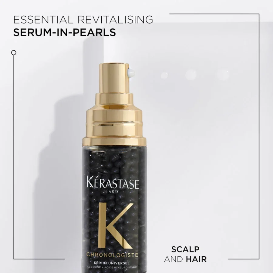 an image of kerastase chronologiste hair serum made with revitalising serum-in-pearls for hair and scalp.