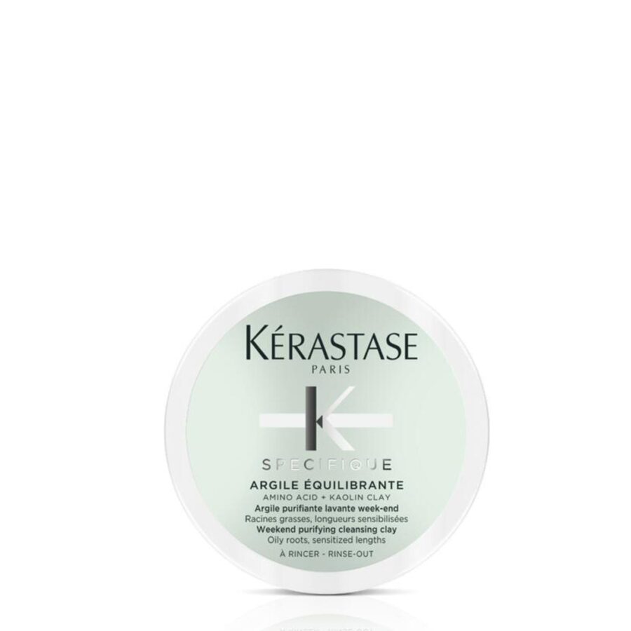 A jar of kérastase paris specifique argile équilibrante hair clay-mask for oily roots and sensitized lengths.