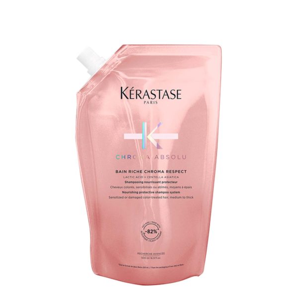 Pink kérastase chroma absolu shampoo refill pouch on a white background.