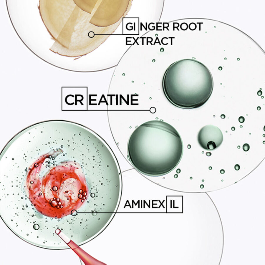 Three cosmetic ingredients displayed in petri dishes: Gigner Root Extract, Creatine, Aminexil