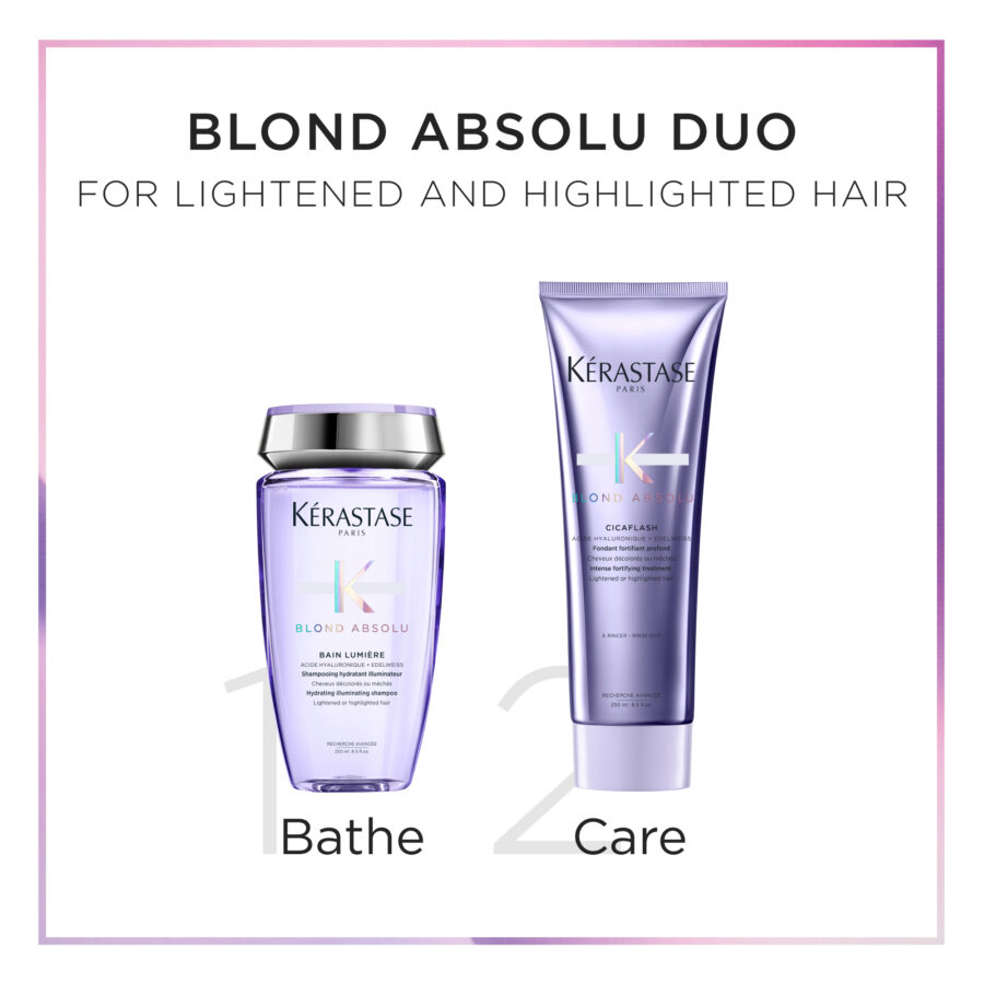 Two kerastase blond absolu hair care products for lightened and highlighted hair, featuring a shampoo labeled "bathe" and a conditioner labeled "care.