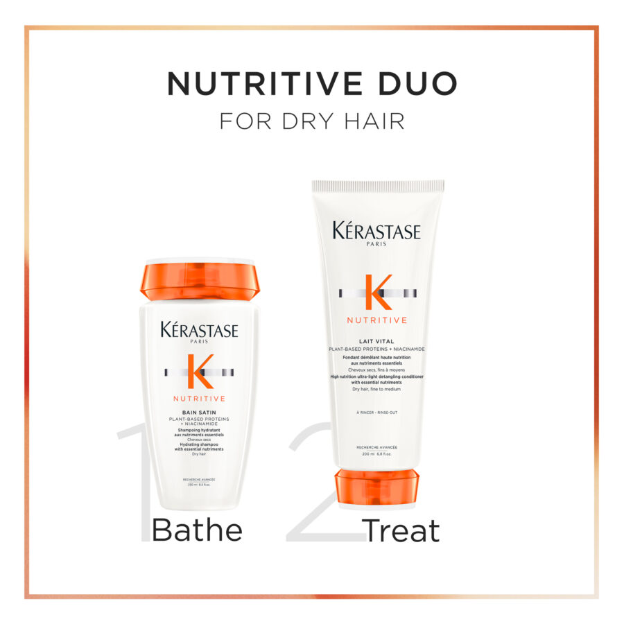 Two kérastase hair care products for dry hair labeled as "nutritive duo," with one for bathing (shampoo) and the other for treating (conditioner).