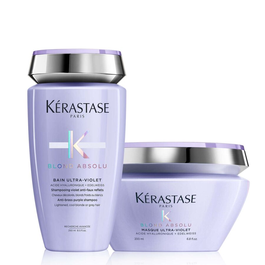 Two kérastase blond absolu hair care products for blonde hair, including bain ultra-violet purple shampoo and masque ultra-violet purple hair mask.