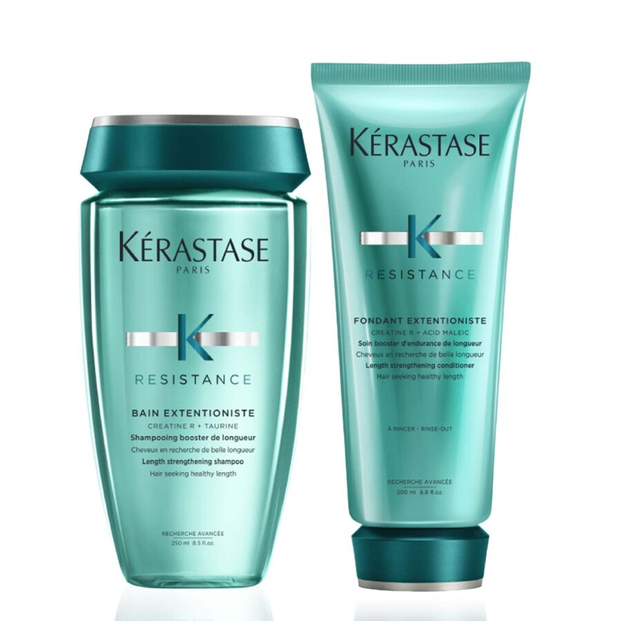 Two kérastase resistance hair care products against a white background: a shampoo and a conditioner for strengthening and length maintenance.