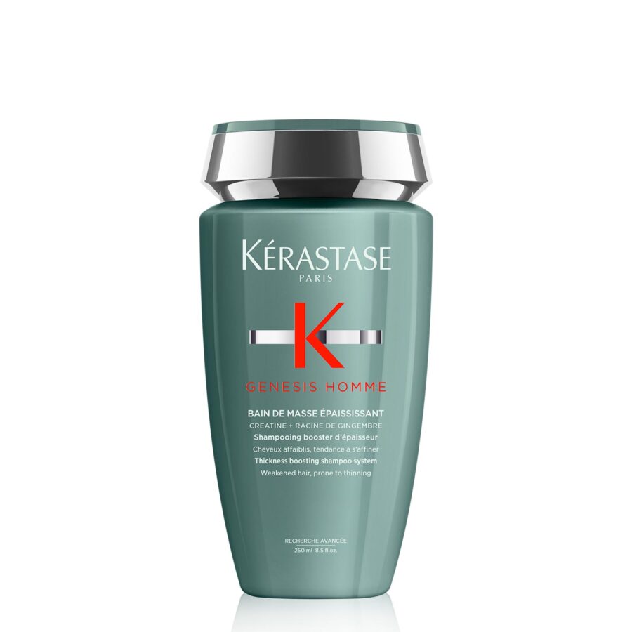 A bottle of kérastase genesis homme shampoo for thinning hair.
