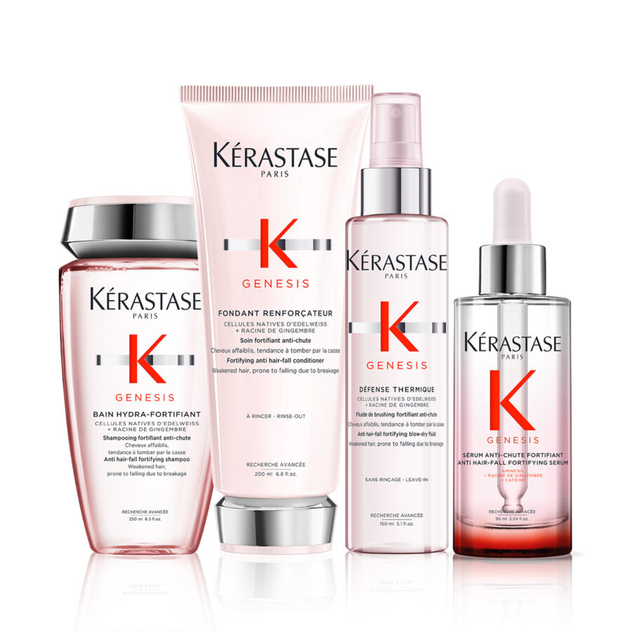 A collection of kérastase genesis hair care products for fortifying weak hair.