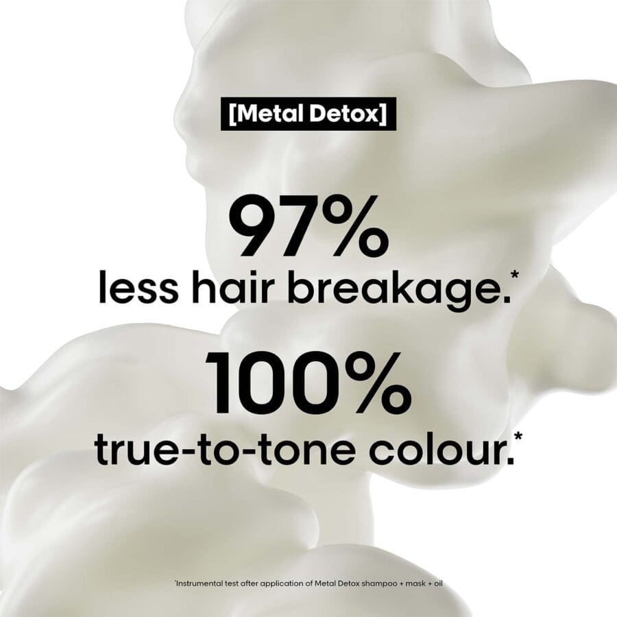 97% less hair breakage and 100% true to tone colour with full use of the metal detox line