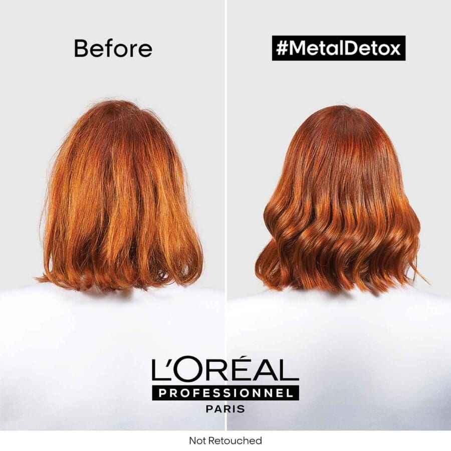 before and after on short red hair with use of the whole metal detox line