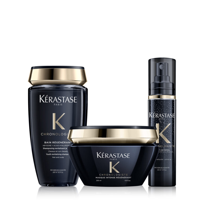 an image of a chronologiste trio bundle with the shampoo, hair mask and revitalizing hair serum.