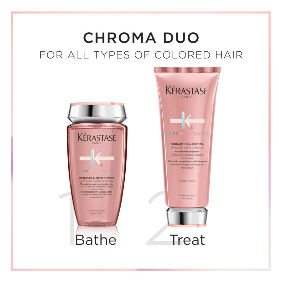 Two kérastase chroma absolu hair care products for colored hair, labeled "bathe" for the shampoo and "treat" for the conditioner.