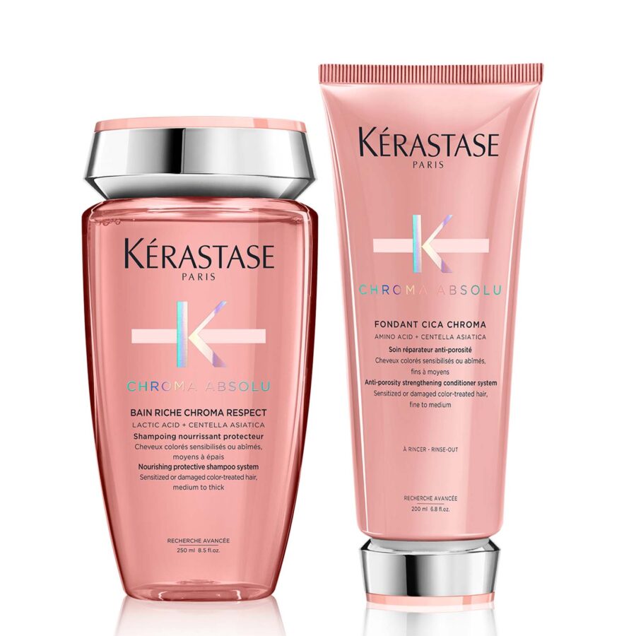 Two kérastase hair care products: a pink shampoo bottle and a matching conditioner tube.