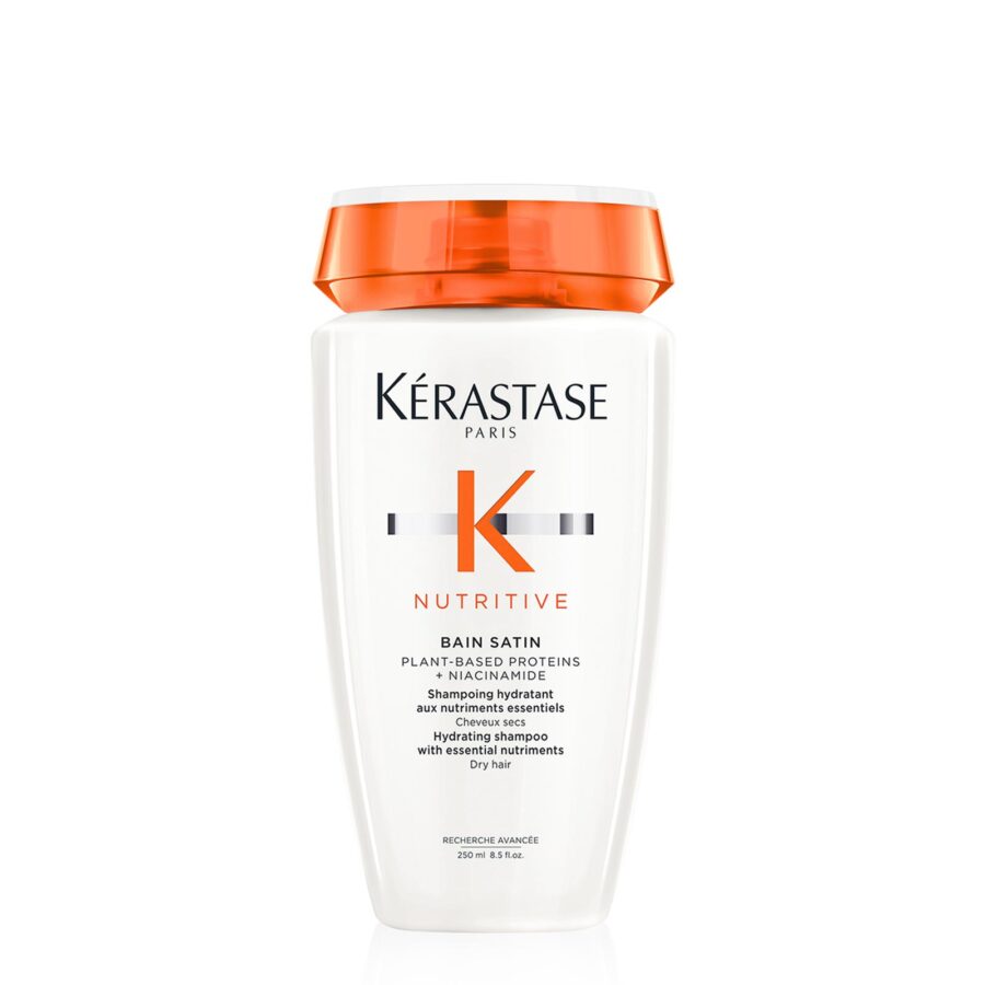 Bottle of kérastase nutritive bain satin shampoo for dry hair against a white background.