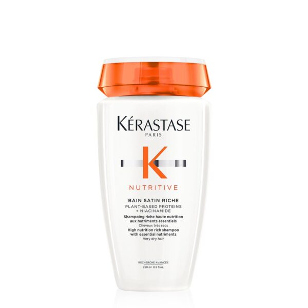 Bottle of kérastase nutritive bain satin riche shampoo for very dry hair.