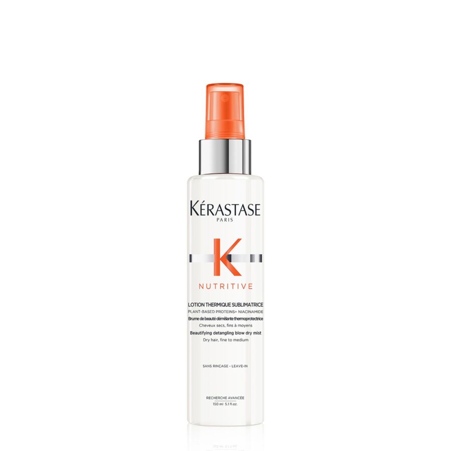 Bottle of kérastase nutritive heat-protective leave-in treatment for dry hair.