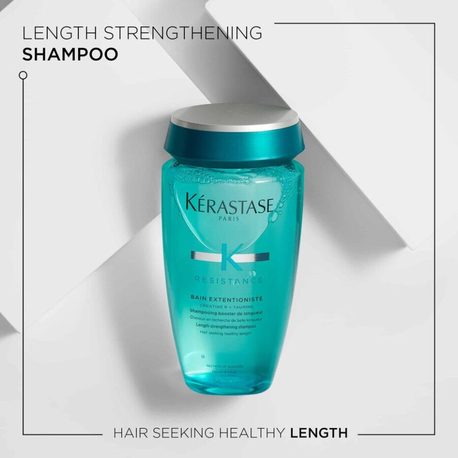 Product advertisement for kérastase resistance length strengthening shampoo, aimed at improving hair health and length.