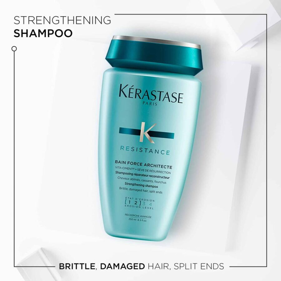 Product advertisement for kérastase resistance strengthening shampoo for brittle, damaged hair.