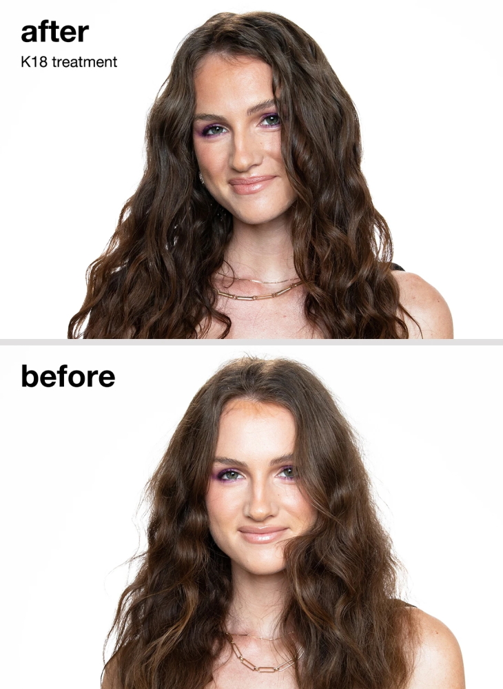 an image of before and after, after use of k18 hair mask