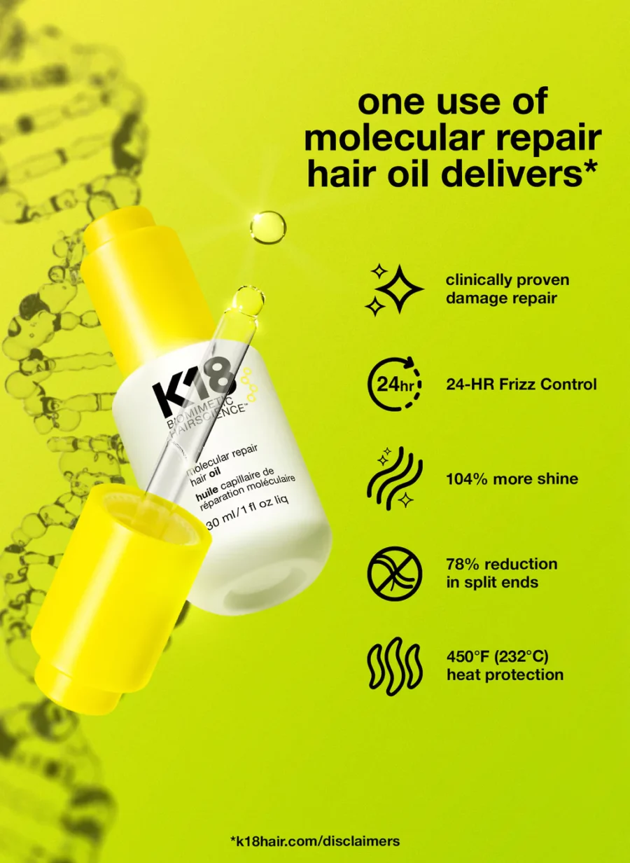an educational picture of the k18 hair oil.